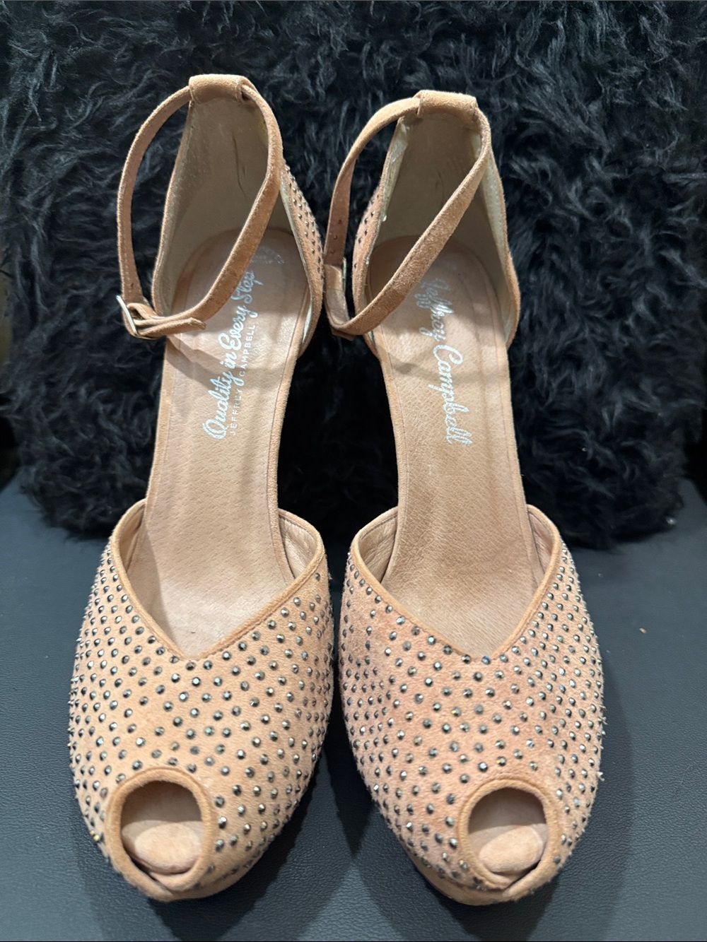 Jeffrey Campbell Nude/Blush Peep-Toe Ankle Strap Heels with Studs
